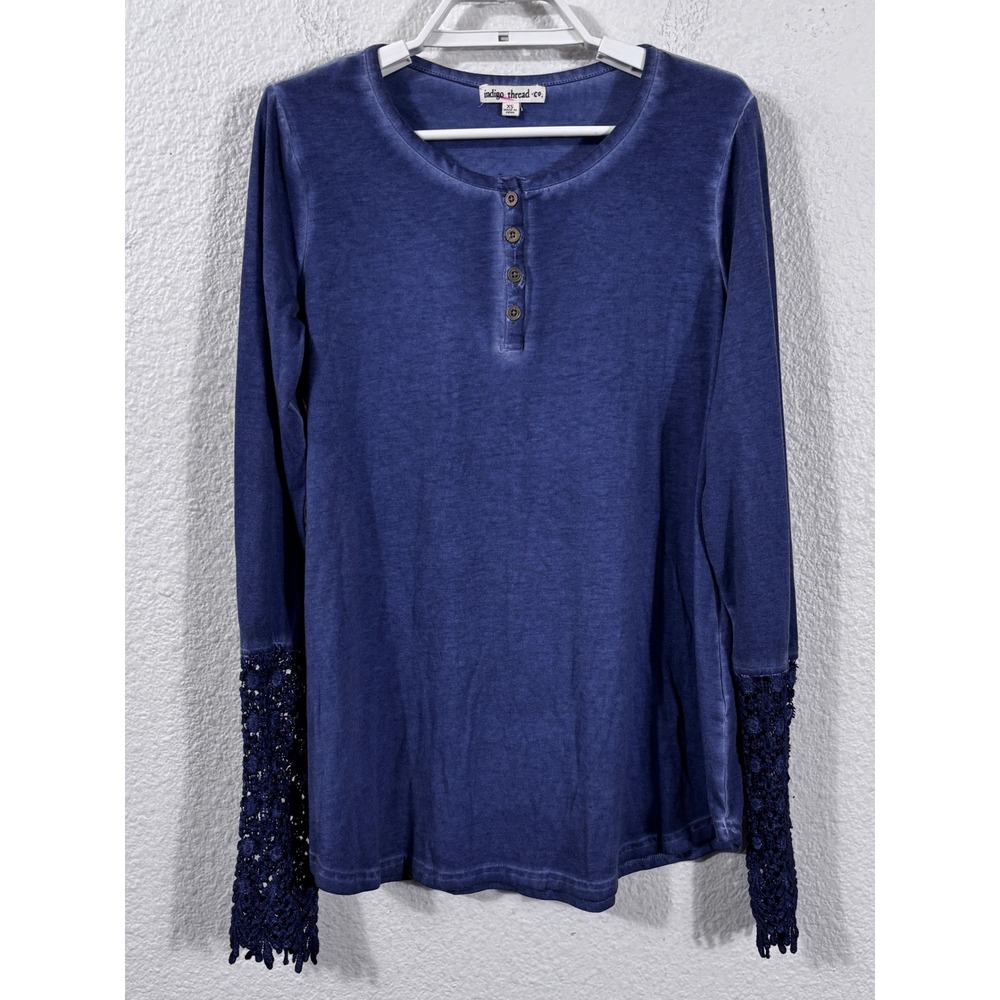 Indigo Thread Co Henley Women XS Blue Crochet Lace Cuff Long Sleeve Top